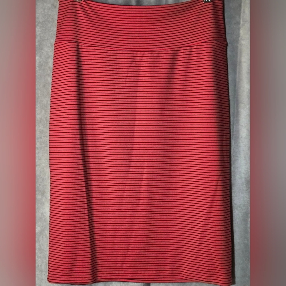 Lularoe Red / Black Stripes Cassie Pencil Skirt Wms Sz Large Stretch Waist - Picture 2 of 6